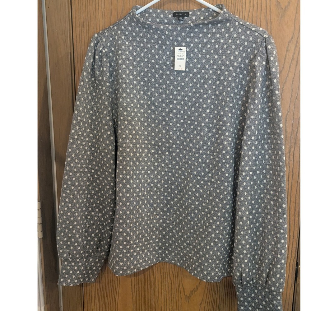 NWT Talbots Gray Polka Dot Metallic Shimmer Funnel Neck Top Puff Sleeve Women XL